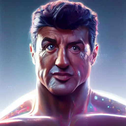 Image similar to portrait of a cyborg sylvester stallone, metallic skin, led lights, high technology inplants, mattepainting concept blizzard pixar maya engine on stylized background splash comics global illumination lighting artstation lois van baarle, ilya kuvshinov, rossdraws