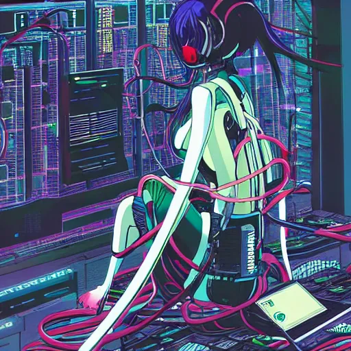 Image similar to a cyberpunk anime style illustration of an android girl seen from behind, seated on the floor in a tech labor with her back open showing a complex mess of cables and wires, by masamune shirow and katsushiro otomo, studio ghibli color scheme