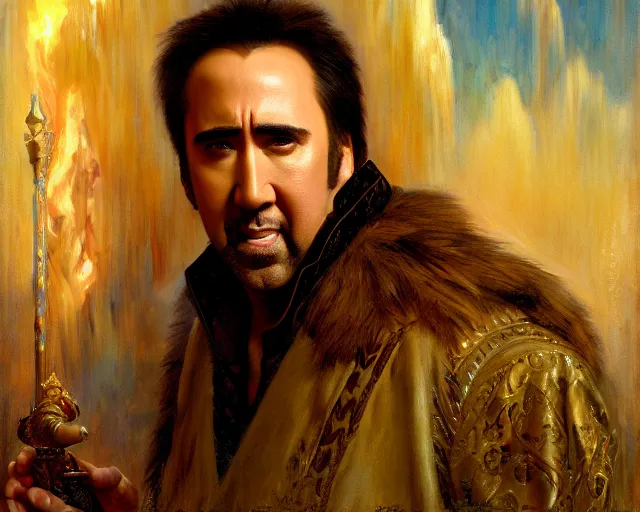 Image similar to attractive nicolas cage as a god. highly detailed painting by gaston bussiere, craig mullins, j. c. leyendecker 8 k