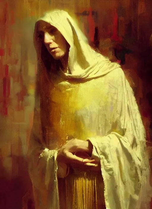 Prompt: portrait of the Virgin Mary wearing golden robes by Jeremy Mann, intricate, warm tones, vivid colors, detailed, stylized, loose brush strokes, looking askance