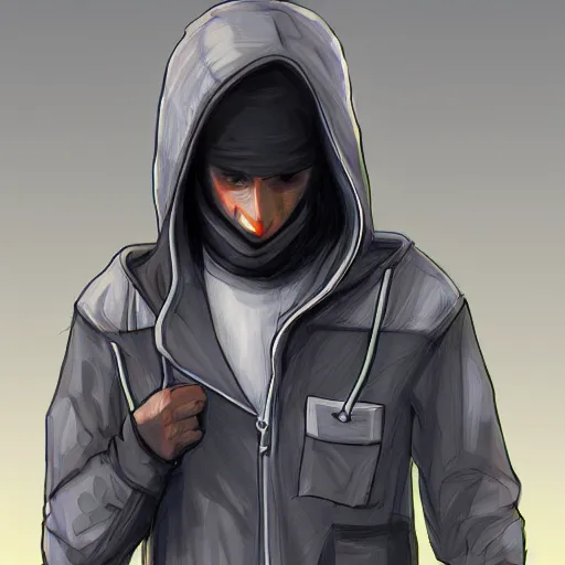 Image similar to concept art of a hacker in future wearing a hoodie, artstation