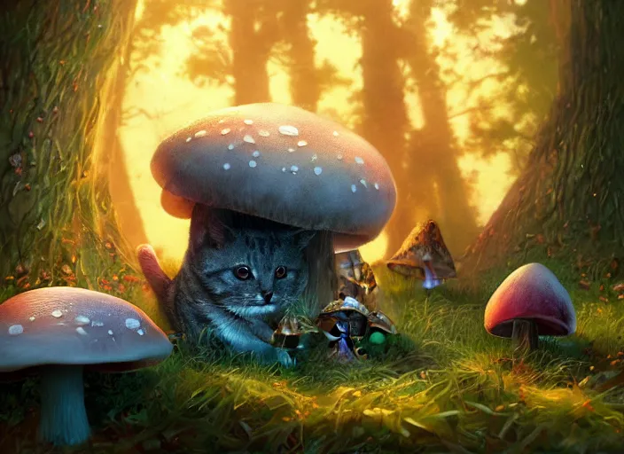 Image similar to a cute creature sitting next to a mushroom, golden hour, fantasy, sharp focus, digital art, hyper realistic, 4 k, unreal engine, highly detailed, hd, dramatic lighting by brom, trending on artstation, new cats movie