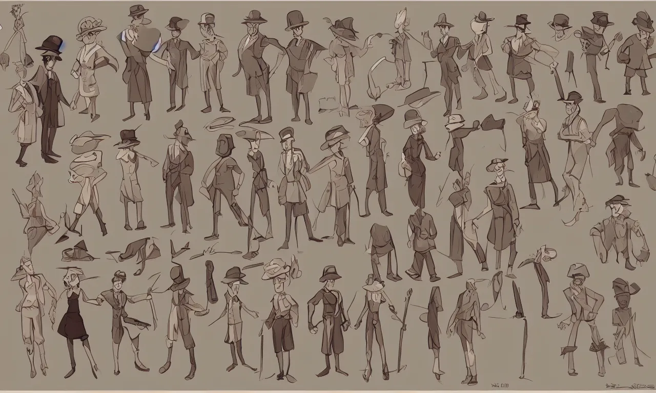 Prompt: game asset sheet, material study, 2 d sprite, 1 9 2 0 s era characters from animation cartoon sketchy