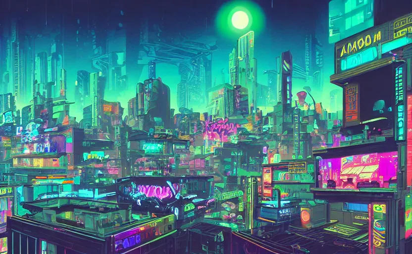 Image similar to Wide angle shot of a cyberpunk city with neon lights and holographic fishes floating in the sky by James Gilleard, Mark Ryden, Wolfgang Lettl highly detailed