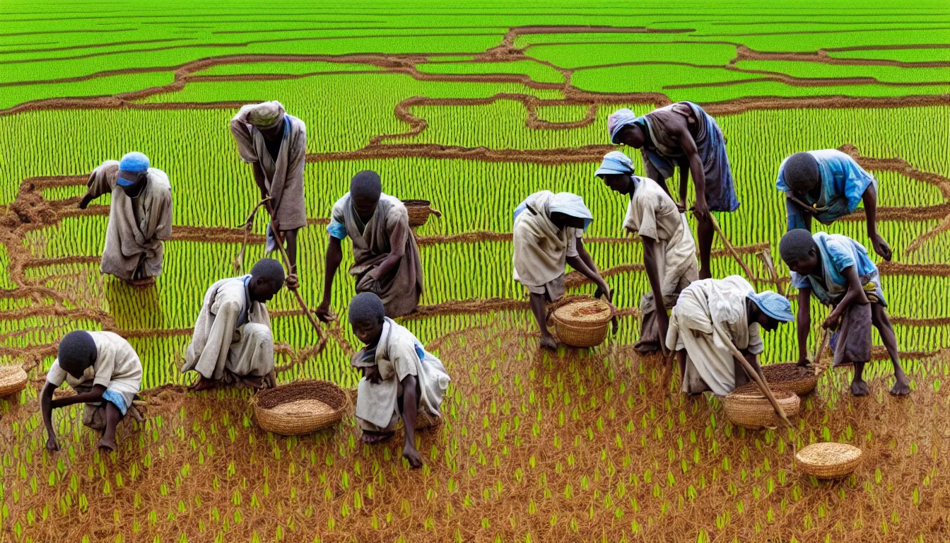 Image similar to Japanese and African Farmers tending to a rice field hyperrealistic, high definition, medium format photography, highly detailed, anamorphic 50mm lens