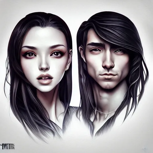 Image similar to perfectly centered symmetrical split male and female portrait of man and woman in love sharing one heart ; art by artgerm, photorealistic, highly detailed ; trending on artstation