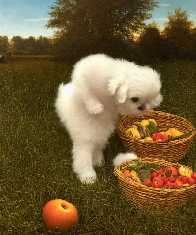 Prompt: masterful oil on canvas painting, eye - a cute happy white morkie puppy with a cornucopia full of fruit and vegetables. in the background is idyllic grassy field. by ambrosius benson and gerald brom. golden hour, detailed, depth, volume, chiaroscuro, quiet intensity, vivid color palette.