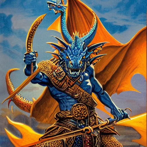 Image similar to half length portrait of a medieval d & d fantasy anthropomorphic blue dragon, d & d rulebook cover art by jeff easley