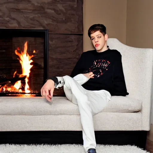 Prompt: pete davidson sitting on a white couch by a fireplace blowing kisses