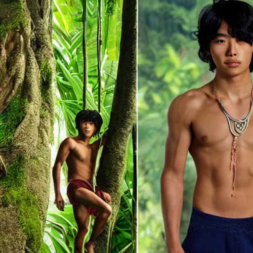 Image similar to jungle book mowgli who is a 2 0 year old korean with large muscles and with long unkempt and slightly curly hair, holding a torch in one hand and an iphone in the other hand, standing in the jungles of jeju island