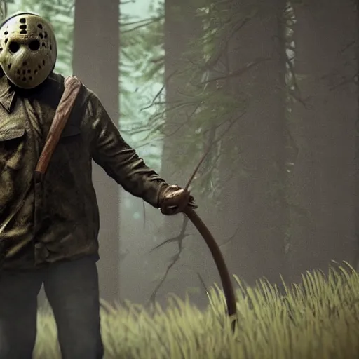 Image similar to Jason Voorhees in the woods unreal engine 5 4K detail