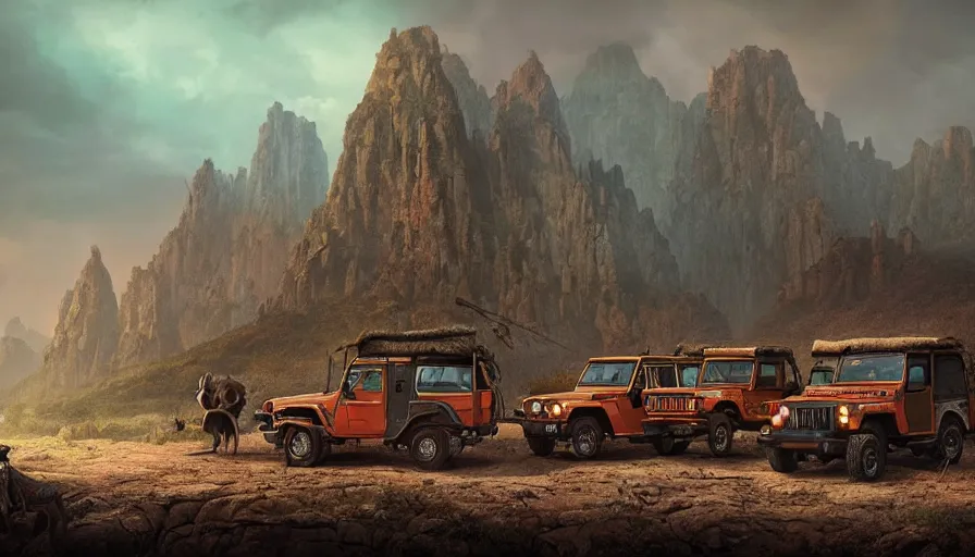 Image similar to Mahindra Thar with tribe members nearby, an epic fantasy, dramatic lighting, cinematic, establishing shot, extremely high detail, photorealistic, cinematic lighting, artstation, by simon stalenhag, horizon forbidden west