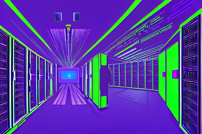 Image similar to realistic robot in a data server room, neon and dark, purple and blue color scheme, by dan mumford and malevich