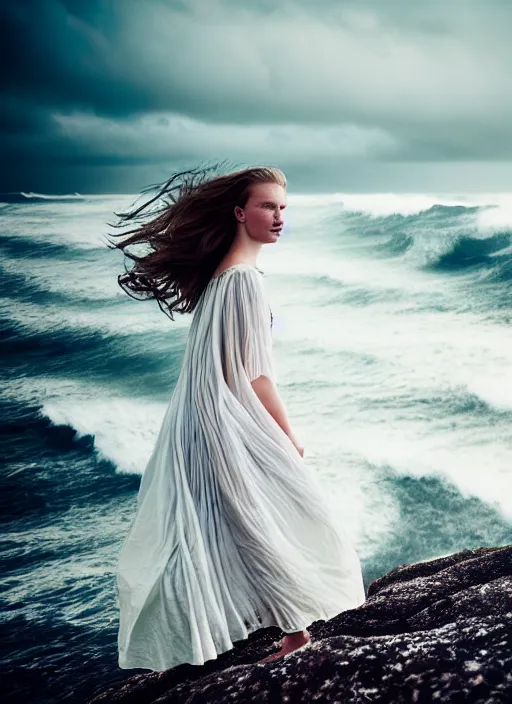 Image similar to cinestill 5 0 d half - length portrait photo portrait of a woman britt marling 3 / 4 style of nicholas fols, 1 5 0 mm, windy mood, dress in voile, mute dramatic colours, soft blur outdoor stormy sea background, volumetric lighting, hyper detailed, hyper realistic