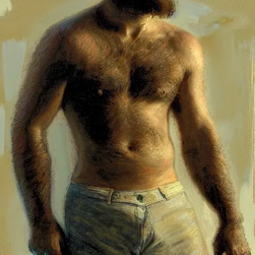 Image similar to jake gyllenhaal with a hairy!!!!! shredded!!!!! body type, painting by Gaston Bussiere, Craig Mullins