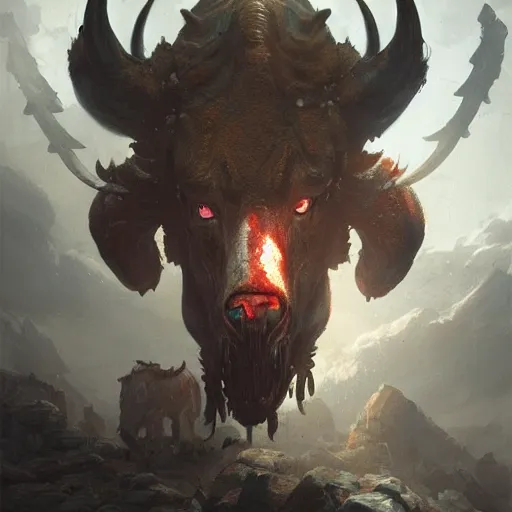 Image similar to minotaurus, high detail, dramatic light, digital art, painted by greg rutkowski, painted by seb mckinnon, trending on artstation