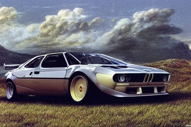 Prompt: intricate, 3 d, 1 9 7 4 bmw m 1, style by caspar david friedrich and wayne barlowe and ted nasmith.