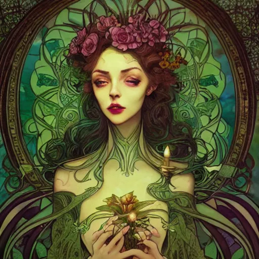 Prompt: woman, magical, flower, bright castleton green, detailed intricate ink illustration, dark atmosphere, by Peter Mohrbacher, by Alfons Mucha, complementing colors