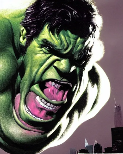 Image similar to a portrait of the incredible hulk looking angry in new york city by alex ross dramatic lighting.