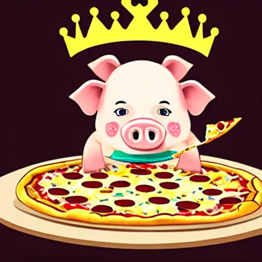 Image similar to realistic photo of a cute plush pig wearing a gold crown eating a pizza at a table with a bib on, high quality, cinematic concept art