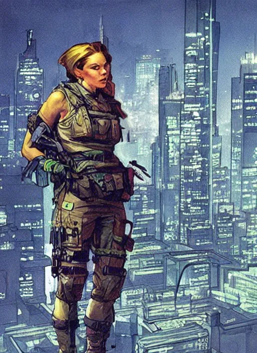 Prompt: Dinah. USN special forces operator looking at city skyline. rb6s Concept art by James Gurney and Alphonso Mucha.