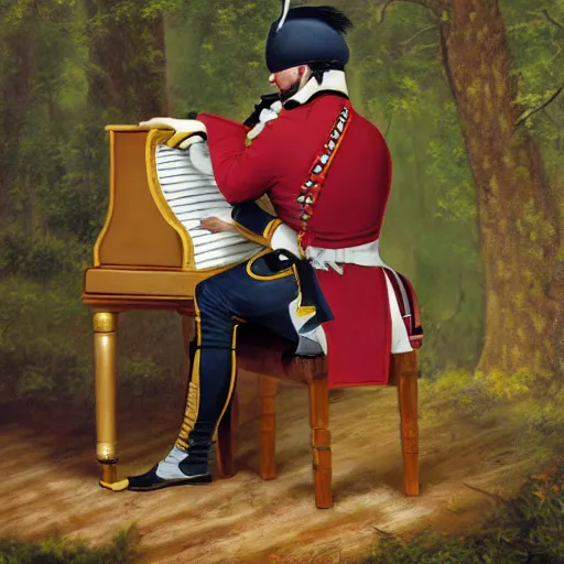 Image similar to ultra realistic painting of a napoleonic soldier sitting on a piano inside of a forest, thick brush strokes, visible paint layers, taken from the back of the soldier.