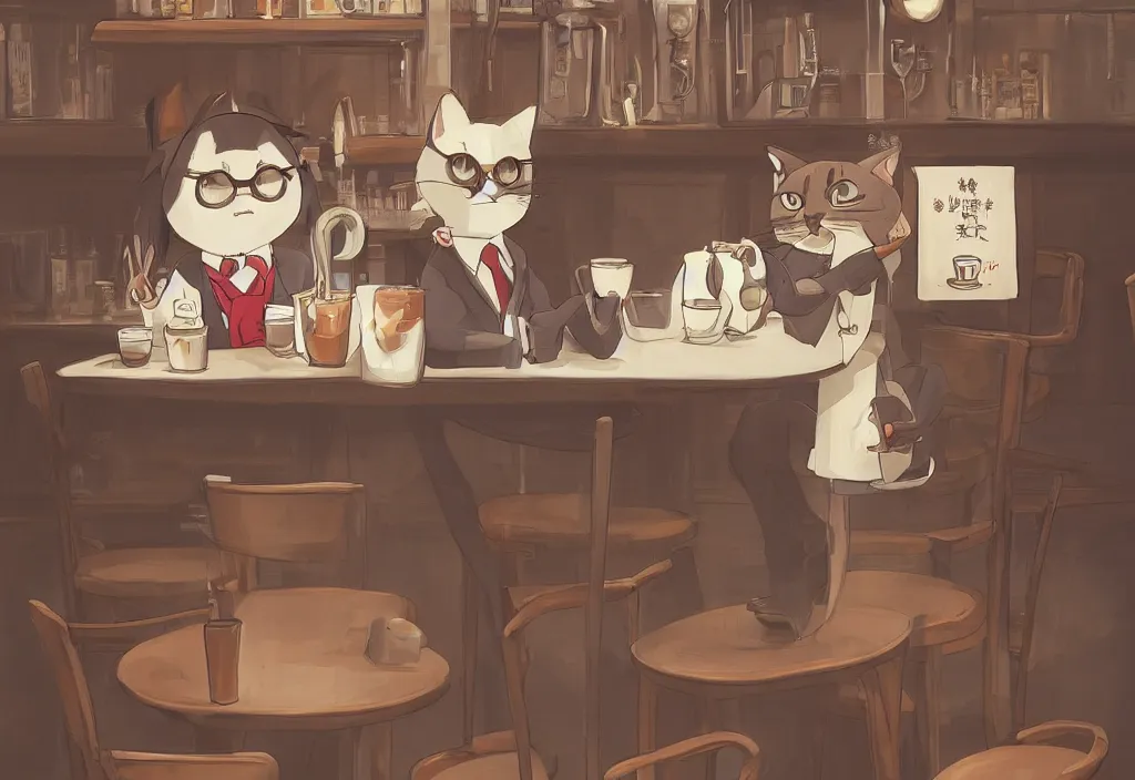 Image similar to a highly detailed portait of a cute little anthropomorphic cat barista wearing a suit in a parisian coffee shop by studio ghibli, tiny, small, cute and adorable, pretty, beautiful, character art portrait, matte painting, Artstation