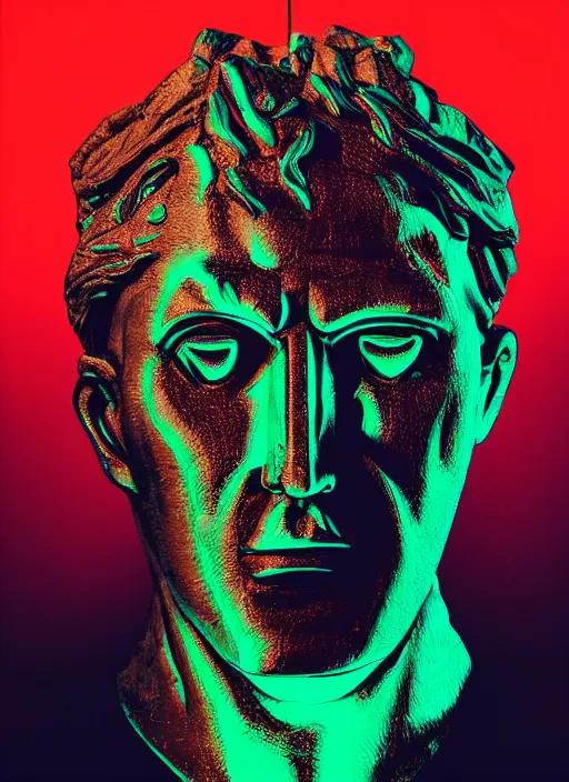 Image similar to portrait of a statue of an angry julius caesar, beeple, vaporwave, retrowave, black background, neon, black, glitch, strong contrast, neon wiring, cuts, pinterest, trending on artstation