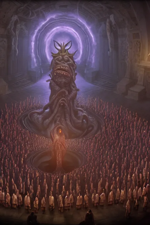 Image similar to center view of a group of priest in circle invoking an hyper realistic lovecraft creature portrait in a huge ritual portal, 4 k, fantasy art, glamorous composition, wide - angle shot, cinematography lighting, volumetric fog, vivid colors, realistic, octane render, unreal engine, frank frazzeta, hyper realistic matte painting