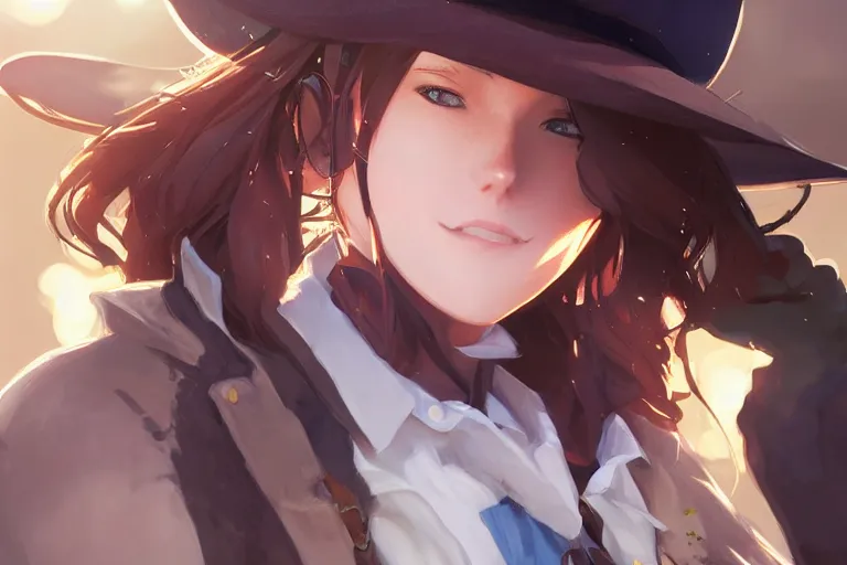 Image similar to western cowgirl, single centered subject, mid shot, ambient lighting, detailed face, by makoto shinkai, stanley artgerm lau, wlop, rossdraws