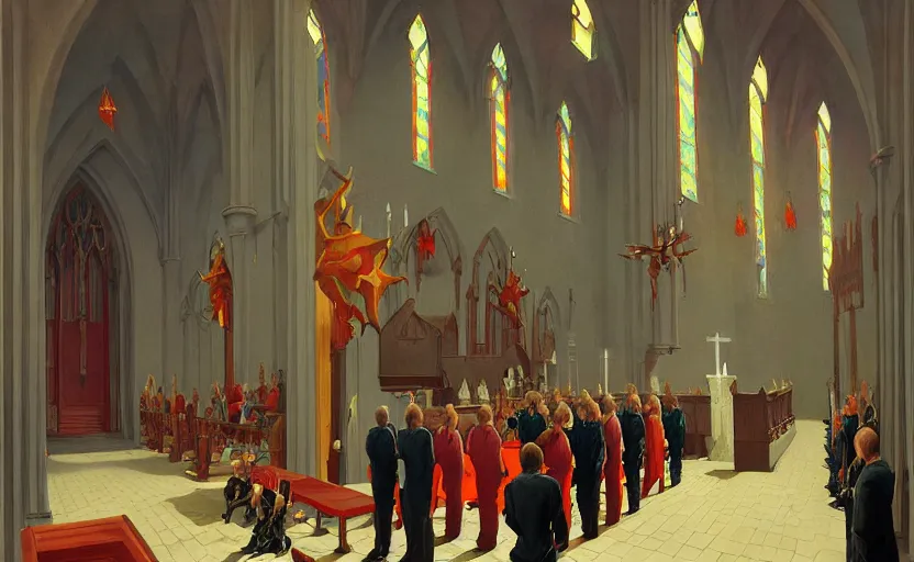 Prompt: King funeral at church,highly detailed, very coherent, painted by Francis Bacon and Edward Hopper, Wayne Barlowe, painted by James Gilleard, surrealism, airbrush, art by JamesJean