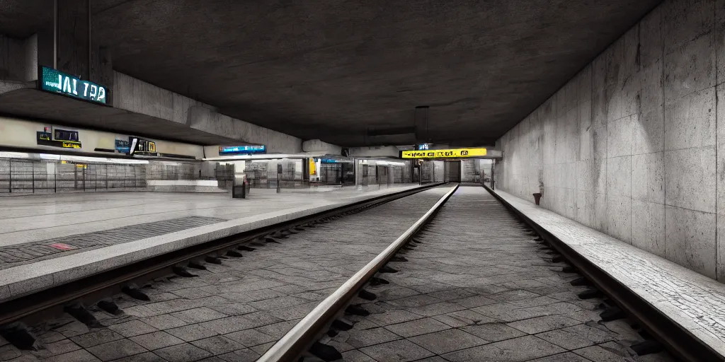 Prompt: empty subway platform, underground, cinematic, underexposed, 3D, octane render