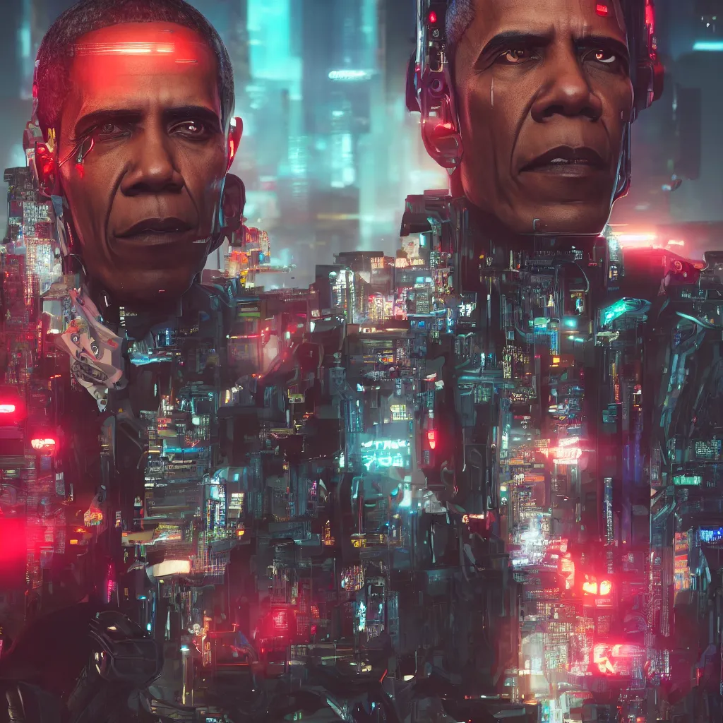 Image similar to a portrait of cyberpunk obama, hyperdetailed, artstation, accurate, octane render, 8k, HD