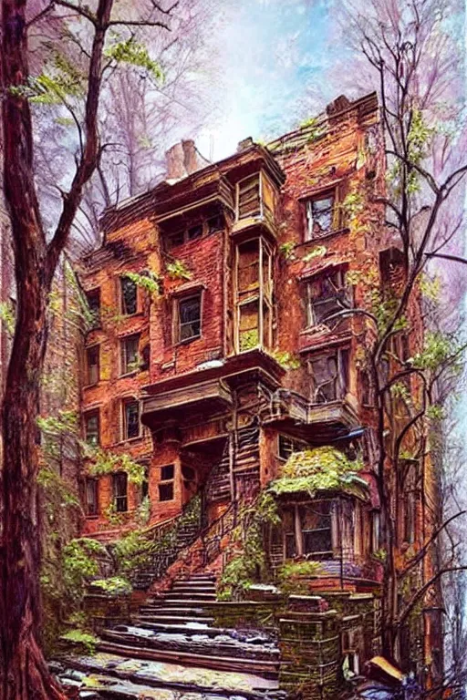 Image similar to (((((a ramshackle manhattan brick brownstone deep in the forest))))) by Dmitry Dubinsky!!!!!!!!!!!!!!!!!!!!!!!!!!!