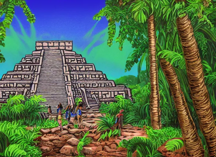 Image similar to Lucasarts background of a mayan temple in the middle of the jungle.