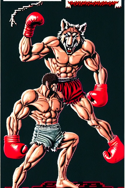 Image similar to extreme long shot. 8 bit nes graphics. antropomorphic muscular masculine wolf. kickboxer fighter, in shorts. wolf head. angry. fine details, very sharp, art from nes game cartridge, 8 0's, vhs artefacts, vaporwave style, marc simonetti and hermann nitsch and anish kapoor.