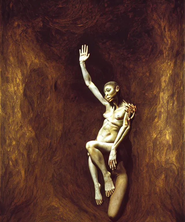 Image similar to The transparent room without doors and windows with beautiful full-body wax sculpture of the glowing transparent woman with visible golden bones inside it in the singularity where stars becoming baroque folds of dark matter by Michelangelo da Caravaggio, Nicola Samori, William Blake, Alex Grey and Beksinski, dramatic volumetric lighting, highly detailed oil painting, 8k, masterpiece