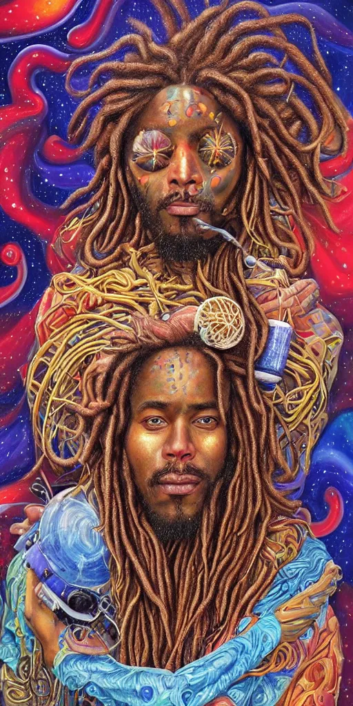 Image similar to a high hyper detailed ultrarealistic painting with many complex textures of man with long dreadlocks making music in the cosmos, cosmic surreal psychedelic magic realism spiritual art