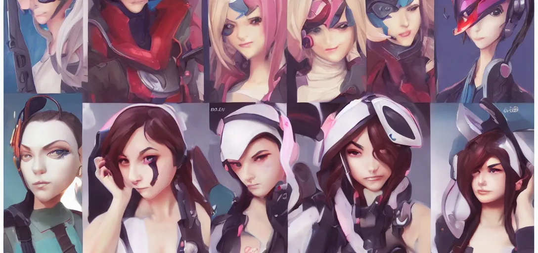 Image similar to concept art of female video game characters head designs, egirls, disgaea, flcl, overwatch, by marc brunet and artgerm