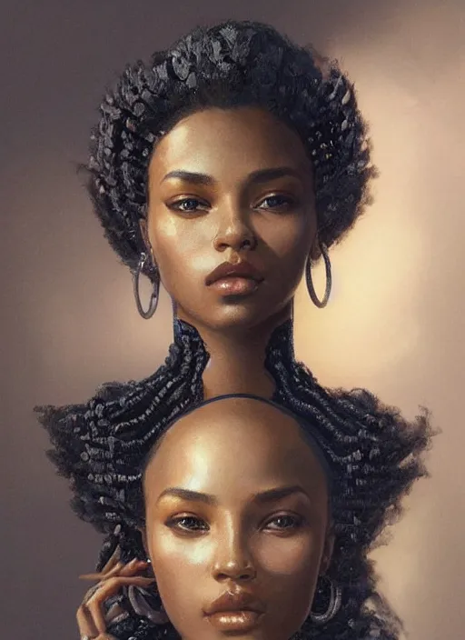 Prompt: portrait of a stunningly beautiful young black woman, highly detailed, 3 5 mm photo, artstation, concept art, sharp focus, 2 8 mm macro photo, art by artgerm and greg rutkowski and alphonse mucha, incredibly beautiful and symmetrical face, incredibly detailed, award winning art, royal