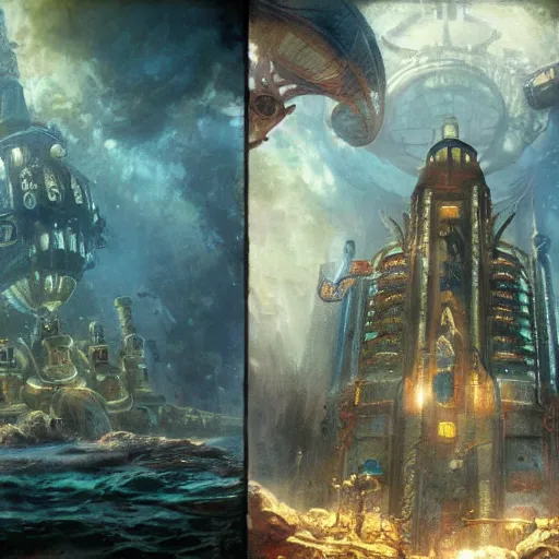 Image similar to underwater city, bioshock, highly detailed painting by gaston bussiere, craig mullins, j. c. leyendecker 8 k