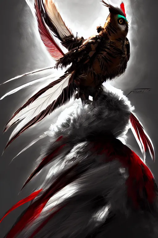 Image similar to Tekken 4 fighter anime Stunning Portrait Robot Owl with feathers all over its body, short black feathers with a samurai sword on its back, in a fighting stance, digital painting, artstation, concept art, soft light, hdri, smooth, sharp focus, illustration, art by tian zi, craig mullins, Mark Arian, WLOP, alphonse mucha