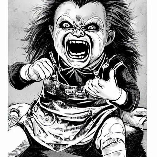 Prompt: a portrait of young chucky doll screaming by arthur adams