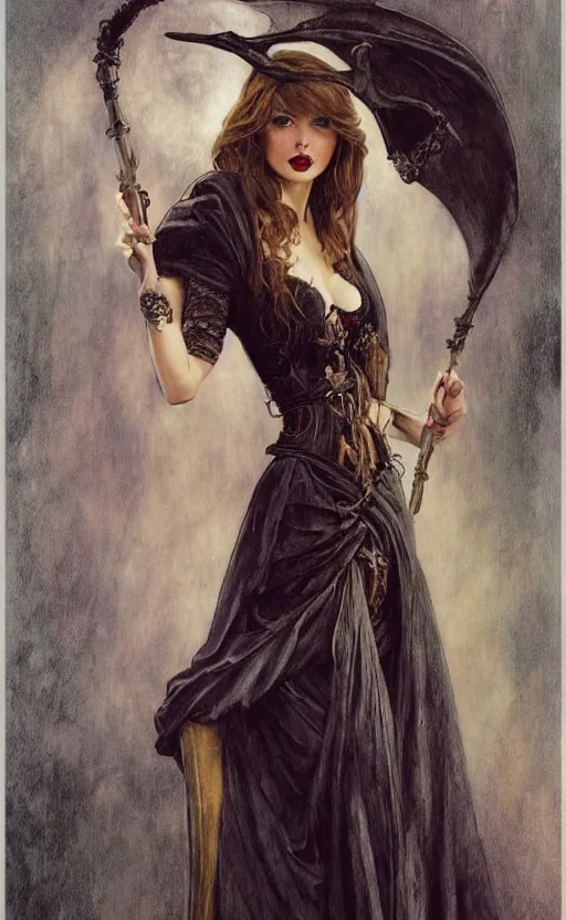 Image similar to full length portrait of a woman who is a mix of ana de armas and taylor swift, sorcereress using dark seduction magic, d & d, medieval, fantasy, royo, klimt, miro, vallejo, frazetta, alphonse mucha, greg rutkowski, whealan