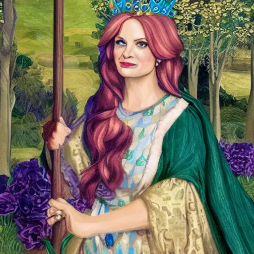 Image similar to leslie knope as a fantasy queen, preraphaelite painting