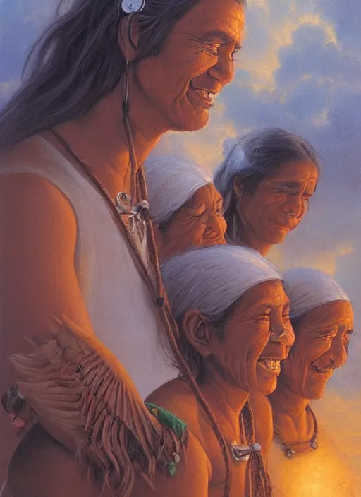 Image similar to faces of indigenous amazonian grandfathers and grandmothers spirits in the clouds, smiling, protection, benevolence, ancestors, detailed faces, art by christophe vacher