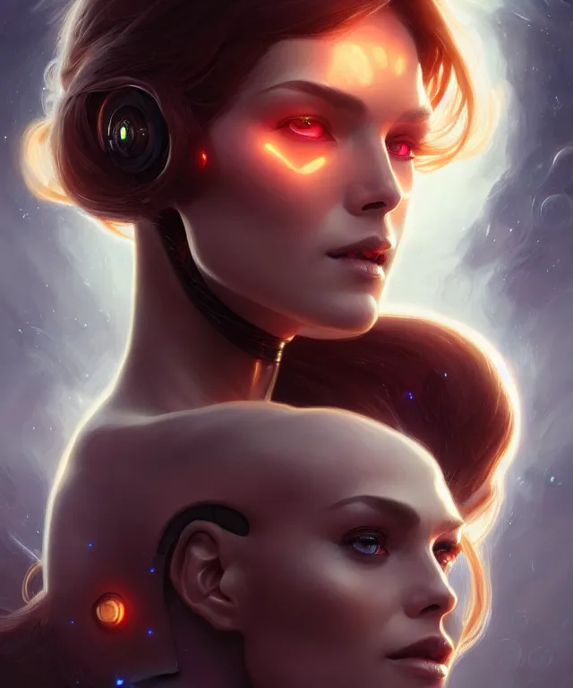 Prompt: futuristic woman android portrait, sci - fi, amber eyes, face, long hair, fantasy, intricate, elegant, highly detailed, digital painting, artstation, concept art, smooth, sharp focus, illustration, art by artgerm and greg rutkowski and alphonse mucha