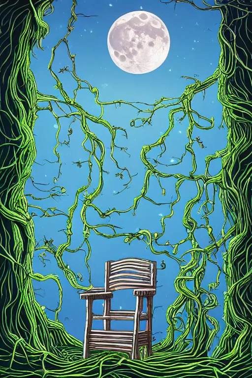 Image similar to a beautiful digital illustration painting of a detailed fantasy full moon and roots, throne chair and vines puffy clouds mystical skyby howard arkley. 8 k resolution trending on artstation concept art digital illustration