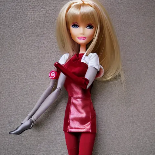 Image similar to anime barbie doll, 5 dolls, doctor suit, playboy, leather, in red velvet stockings, a nurse's dress, full length, heels on her feet