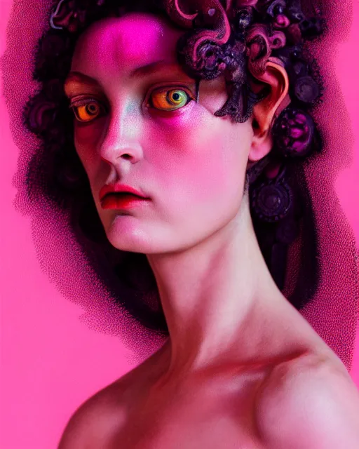 Prompt: hyperrealist highly intricate post-punk rococo portrait pink pearlescent exoskeleton beautiful goddess concept art pascal blanche key sage dramatic yellow lighting 8k high angle shallow depth of field